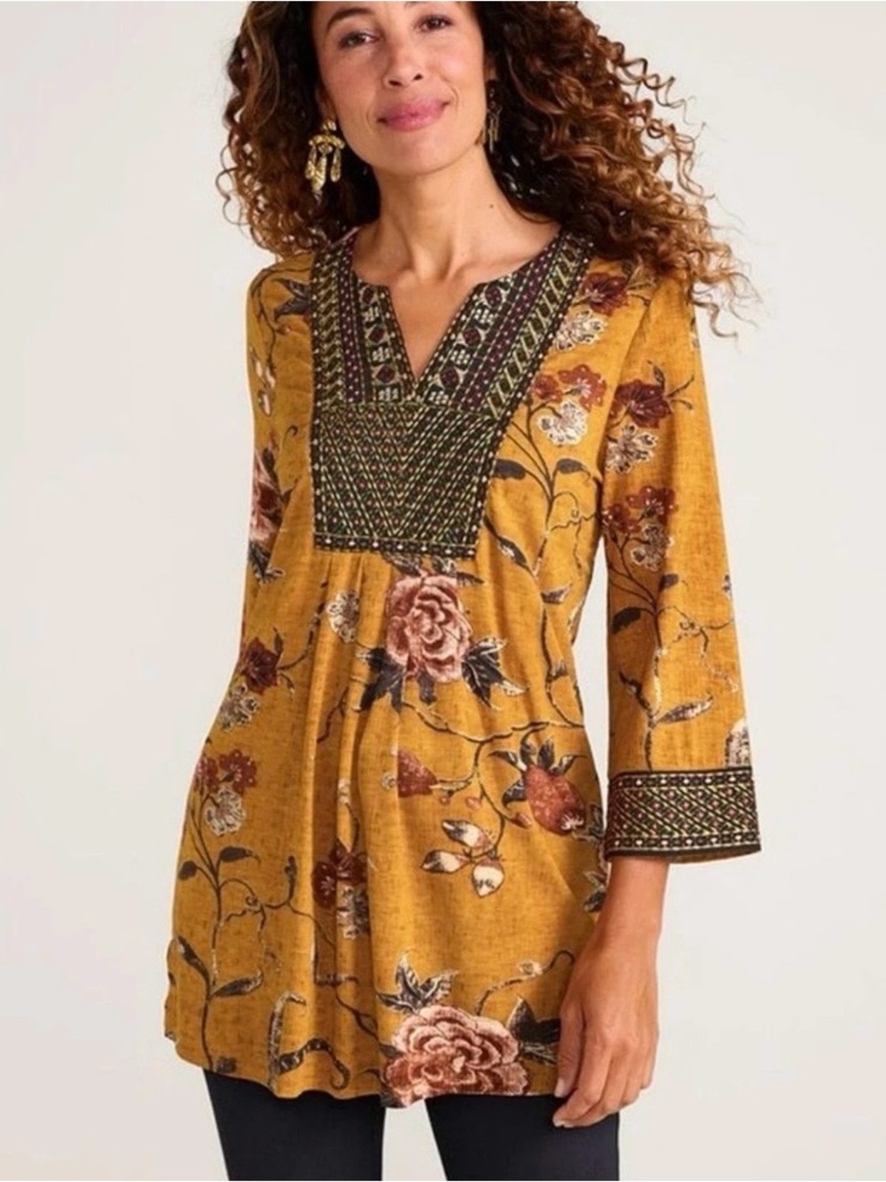 Soft Surroundings Etana Knit Heavy Embroidered Mustard Gold Tunic Top Size L